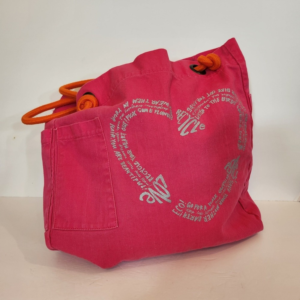 OLD NAVY Rare Vtg Pink Orange Peace Love Design Drawstring Beach Tote Bag Summer